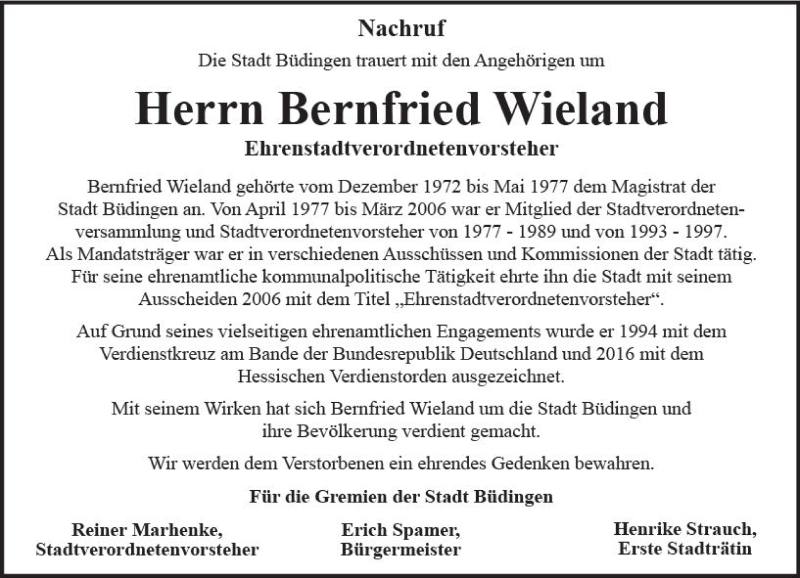  Traueranzeige für Bernfried Wieland vom 06.10.2018 aus  Kreisanzeiger