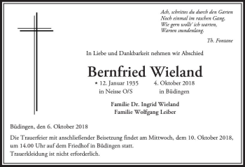 Traueranzeige von Bernfried Wieland von  Kreisanzeiger