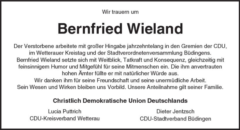  Traueranzeige für Bernfried Wieland vom 09.10.2018 aus  Kreisanzeiger