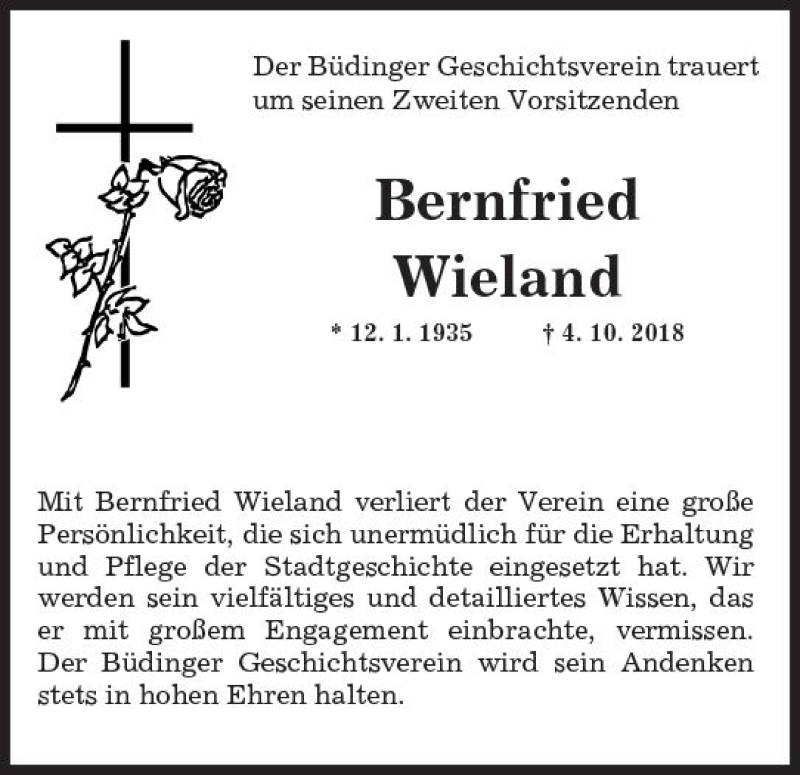  Traueranzeige für Bernfried Wieland vom 10.10.2018 aus  Kreisanzeiger