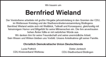 Traueranzeige von Bernfried Wieland von  Kreisanzeiger