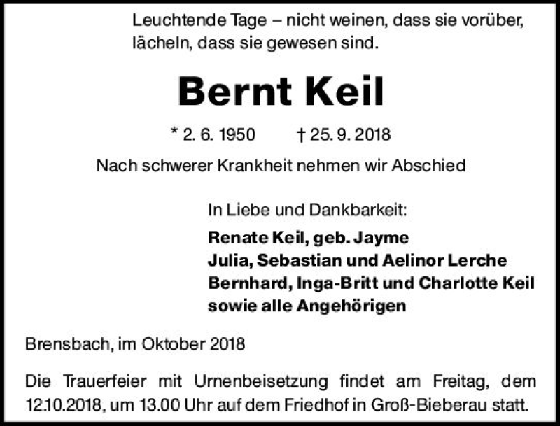  Traueranzeige für Bernt Keil vom 06.10.2018 aus vrm-trauer