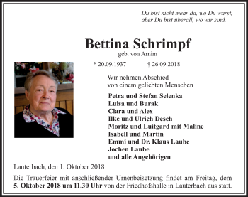 Traueranzeige von Bettina Schrimpf von VRM Trauer