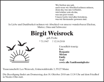 Traueranzeige von Birgit Weisrock von vrm-trauer
