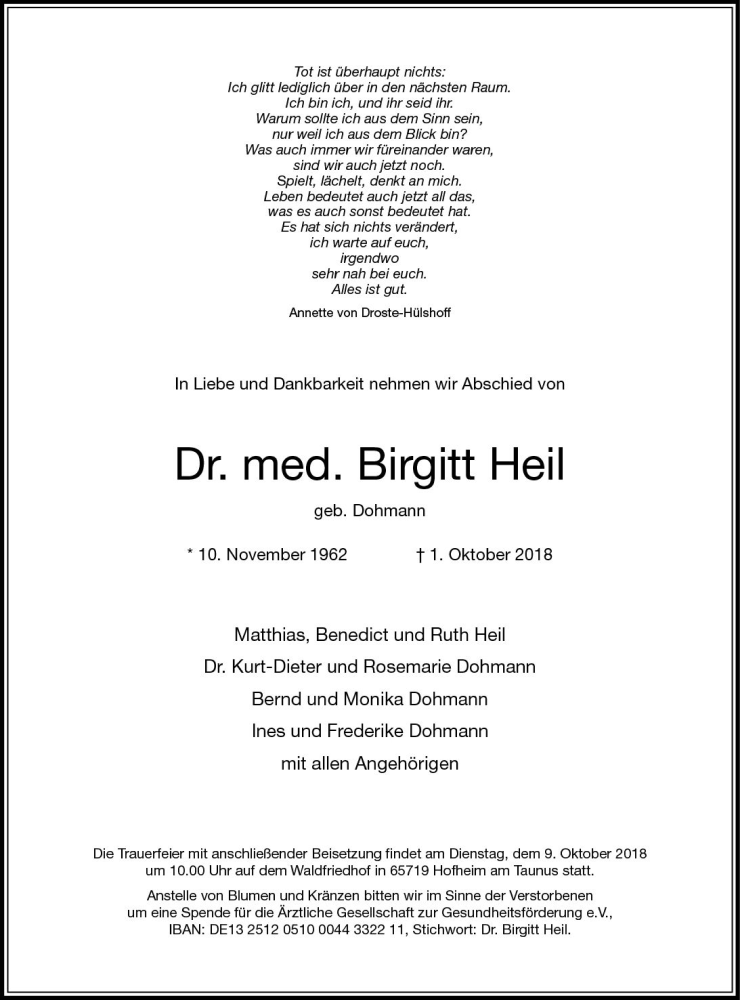  Traueranzeige für Birgitt Heil vom 05.10.2018 aus vrm-trauer