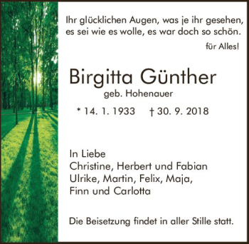 Traueranzeige von Birgitta Günther von vrm-trauer