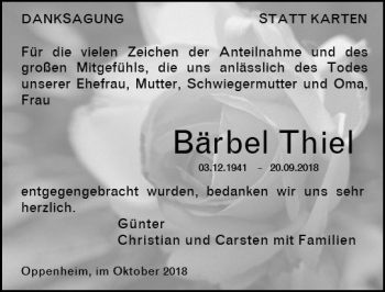 Traueranzeige von Bärbel Thiel von vrm-trauer