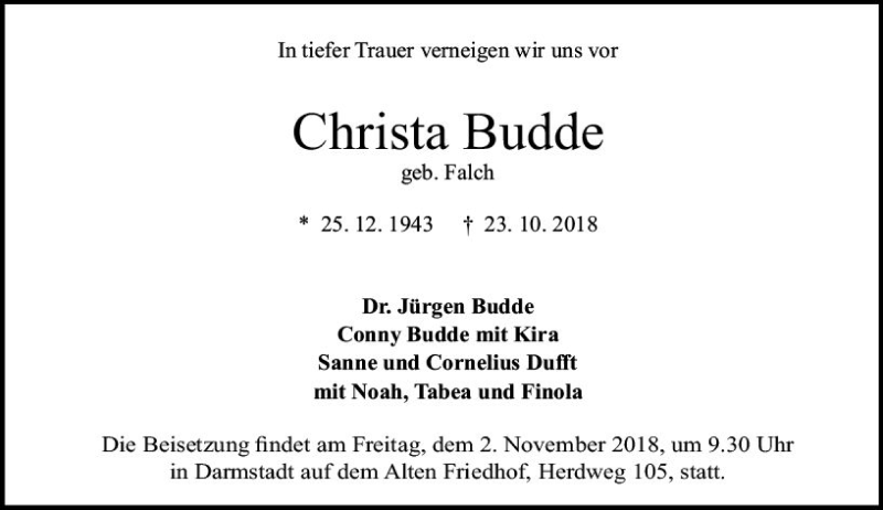  Traueranzeige für Christa Budde vom 27.10.2018 aus vrm-trauer