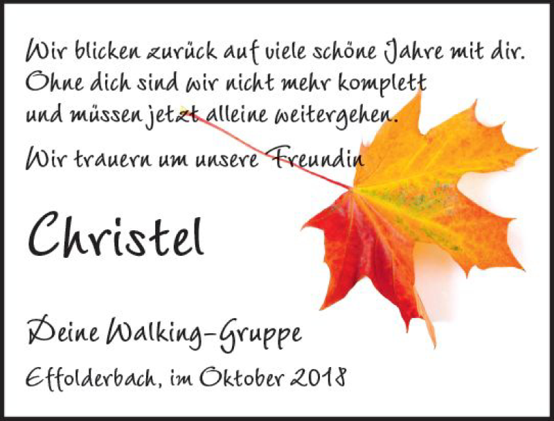  Traueranzeige für Christel  vom 27.10.2018 aus  Kreisanzeiger