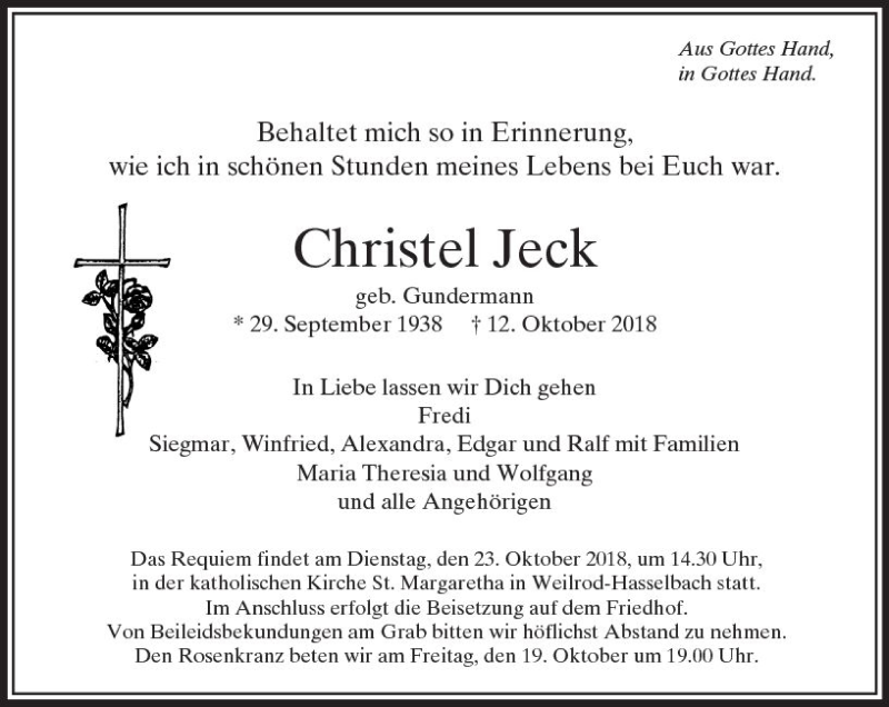  Traueranzeige für Christel Jeck vom 18.10.2018 aus  Camberger Anzeiger