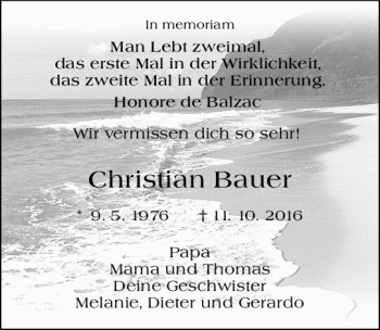 Traueranzeige von Christian Bauer von vrm-trauer