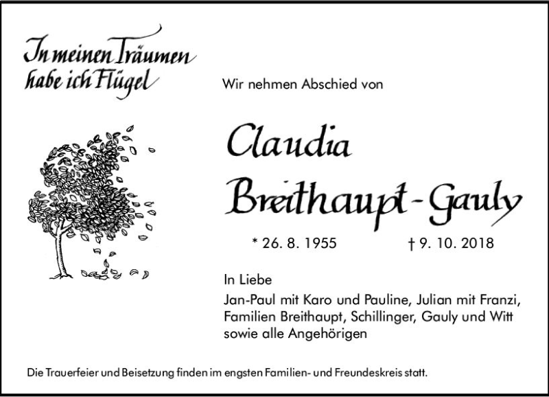  Traueranzeige für Claudia Breithaupt-Gauly vom 20.10.2018 aus vrm-trauer