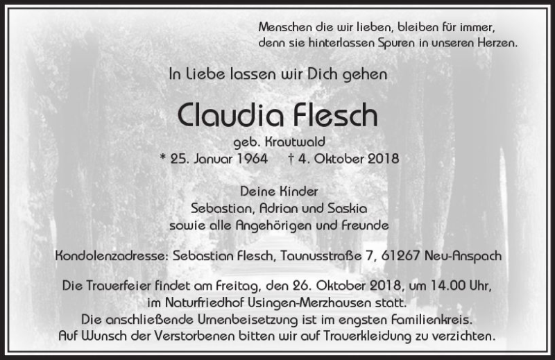  Traueranzeige für Claudia Flesch vom 20.10.2018 aus  Usinger Anzeiger