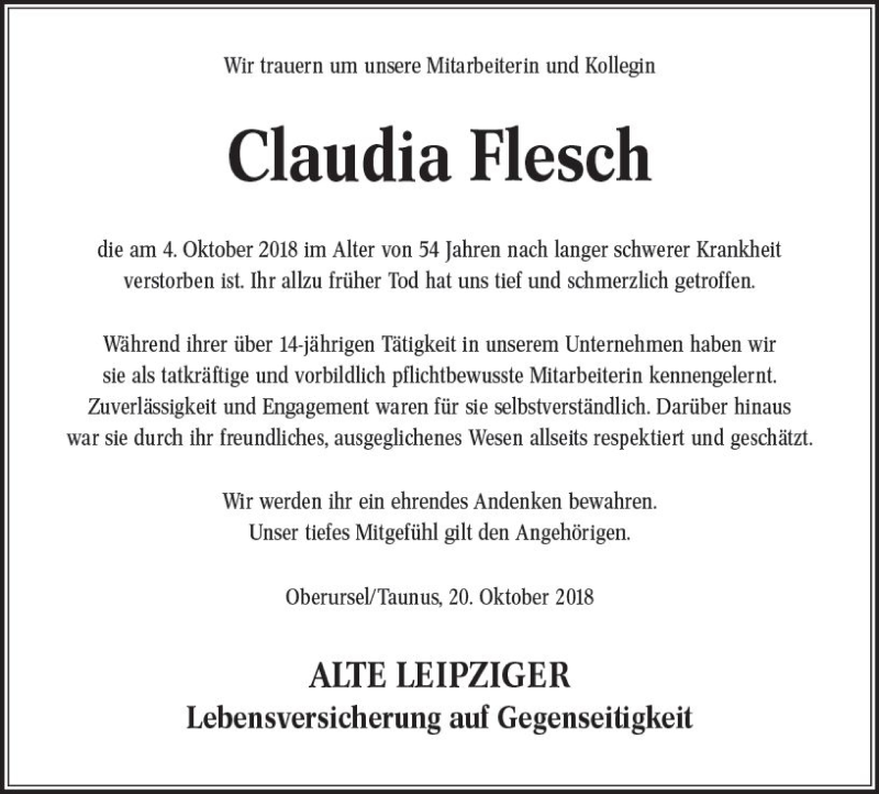  Traueranzeige für Claudia Flesch vom 20.10.2018 aus  Usinger Anzeiger