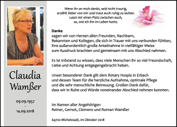 Traueranzeige von Claudia Wamßer von vrm-trauer