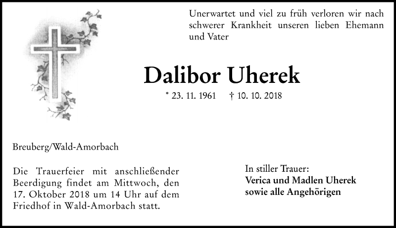  Traueranzeige für Dalibor Uherek vom 13.10.2018 aus vrm-trauer