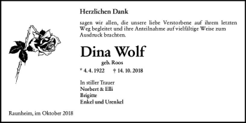 Traueranzeige von Dina Wolf von vrm-trauer