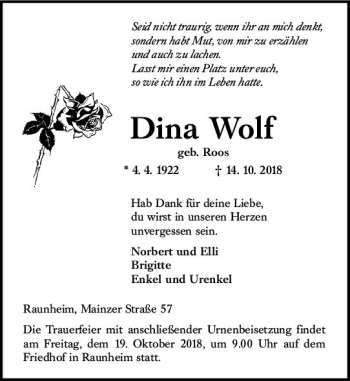 Traueranzeige von Dina Wolf von vrm-trauer