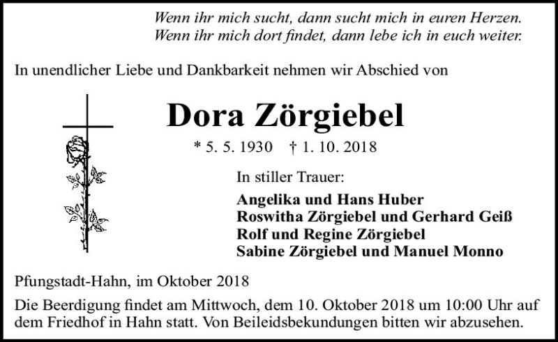  Traueranzeige für Dora Zörgiebel vom 06.10.2018 aus vrm-trauer