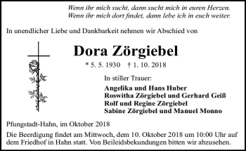 Traueranzeige von Dora Zörgiebel von vrm-trauer