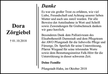 Traueranzeige von Dora Zörgiebel von vrm-trauer