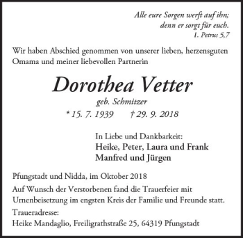 Traueranzeige von Dorothea Vetter von  Kreisanzeiger