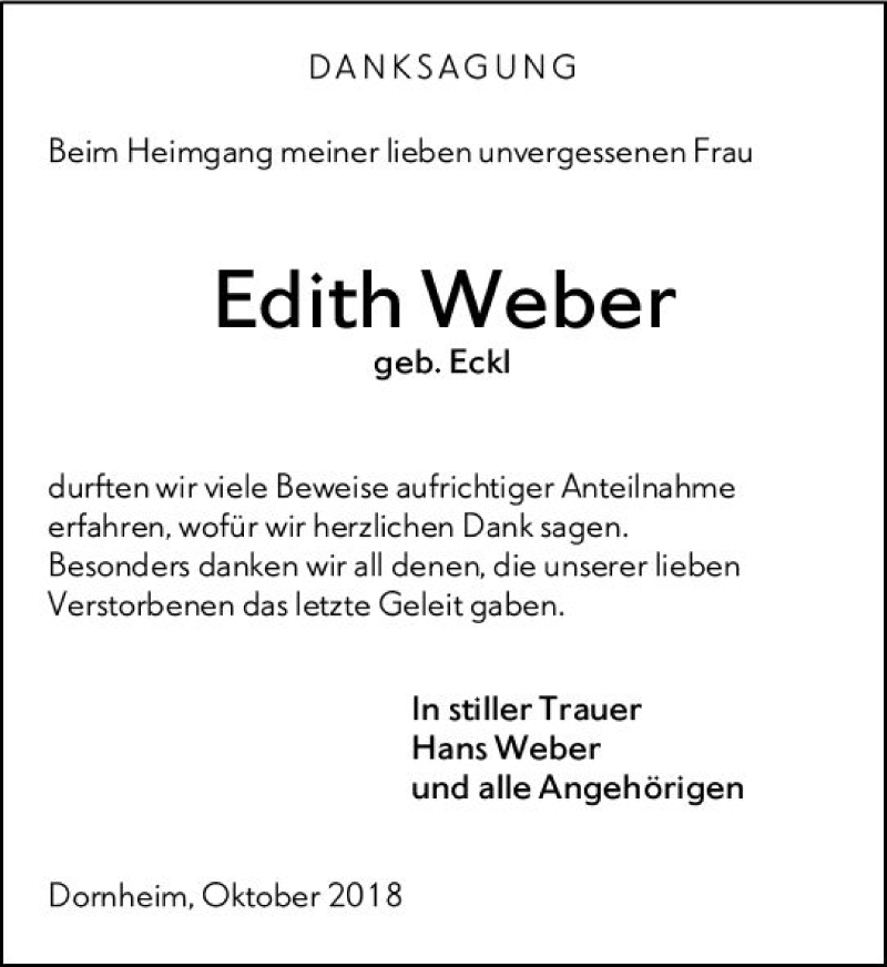  Traueranzeige für Edith Weber vom 20.10.2018 aus vrm-trauer