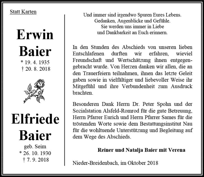  Traueranzeige für Elfriede Baier vom 06.10.2018 aus VRM Trauer