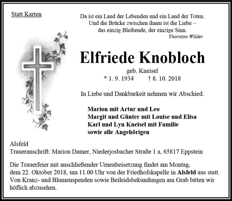  Traueranzeige für Elfriede Knobloch vom 18.10.2018 aus VRM Trauer