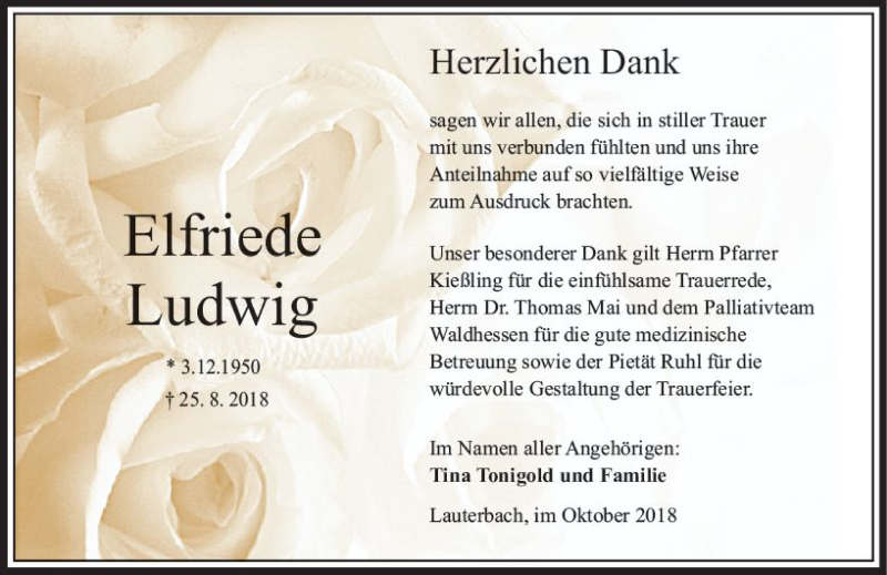  Traueranzeige für Elfriede Ludwig vom 06.10.2018 aus VRM Trauer