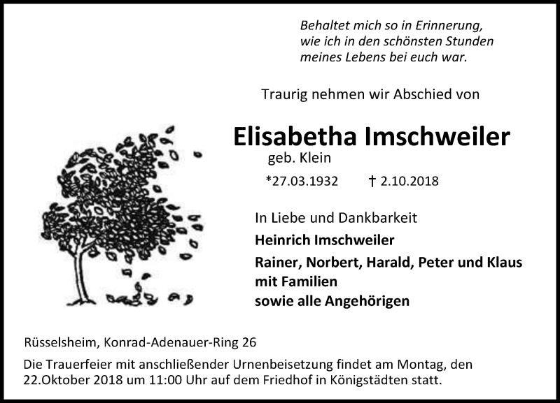  Traueranzeige für Elisabeitha Imschweiler vom 13.10.2018 aus vrm-trauer