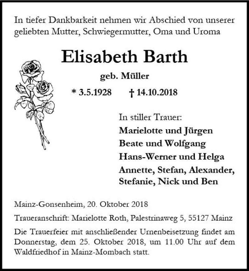  Traueranzeige für Elisabeth Barth vom 20.10.2018 aus vrm-trauer