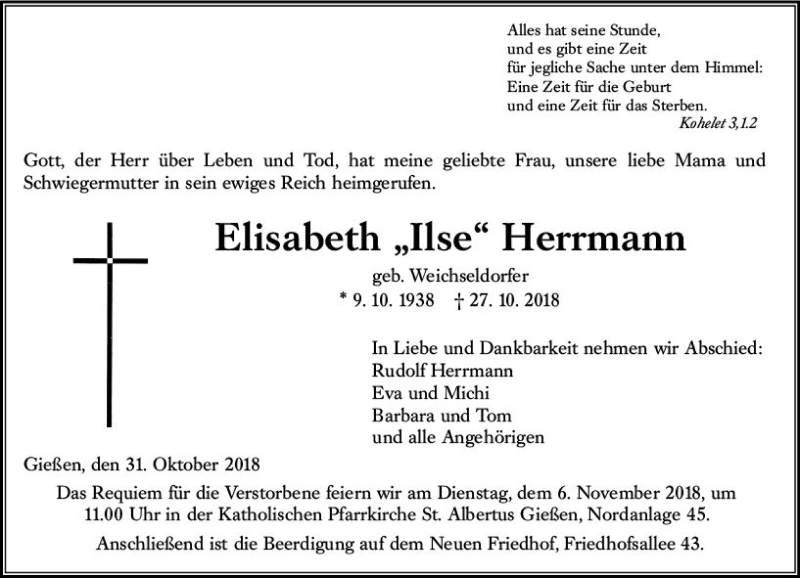  Traueranzeige für Elisabeth Herrmann vom 31.10.2018 aus  Gießener Anzeiger