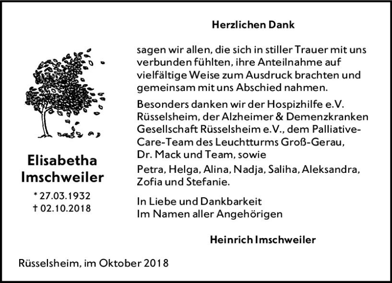  Traueranzeige für Elisabeth Imschweiler vom 27.10.2018 aus vrm-trauer