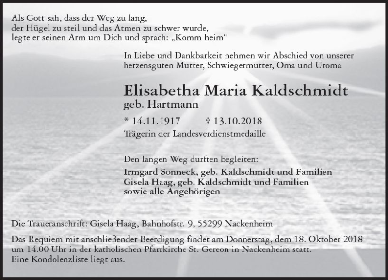  Traueranzeige für Elisabetha Maria Kaldschmidt vom 16.10.2018 aus vrm-trauer