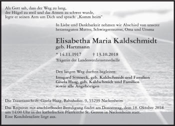 Traueranzeige von Elisabetha Maria Kaldschmidt von vrm-trauer