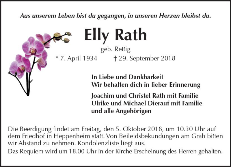  Traueranzeige für Elly Rath vom 02.10.2018 aus vrm-trauer
