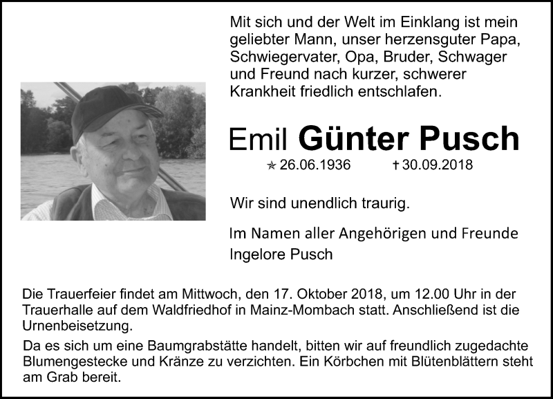  Traueranzeige für Emil Günter Pusch vom 13.10.2018 aus vrm-trauer