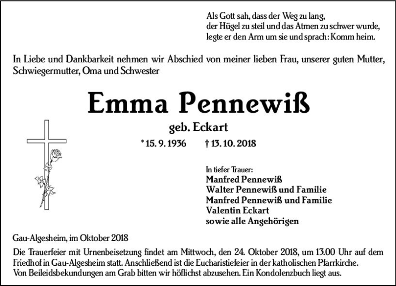  Traueranzeige für Emma Pennewiß vom 20.10.2018 aus vrm-trauer