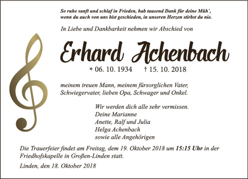  Traueranzeige für Erhard Achenbach vom 18.10.2018 aus  Gießener Anzeiger