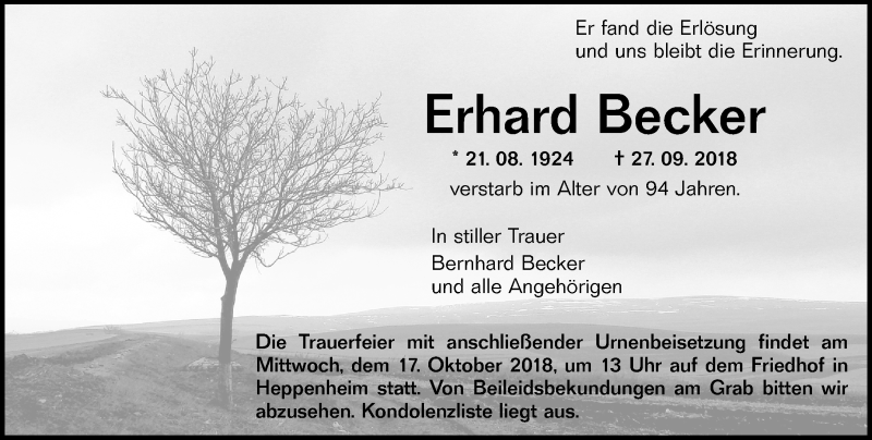 Traueranzeige für Erhard Becker vom 13.10.2018 aus vrm-trauer