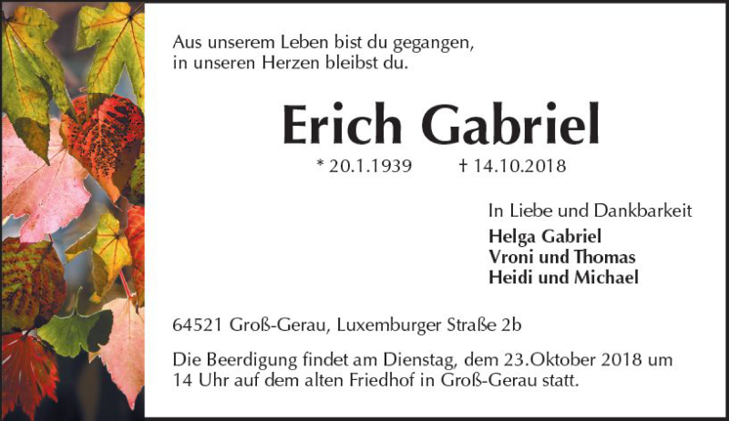  Traueranzeige für Erich Gabriel vom 20.10.2018 aus vrm-trauer
