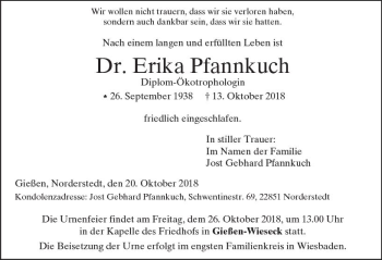 Traueranzeige von Erika Pfannkuch von  Gießener Anzeiger