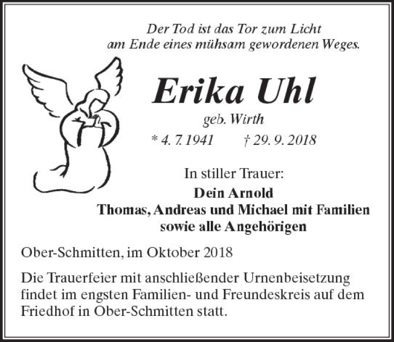  Traueranzeige für Erika Uhl vom 06.10.2018 aus  Kreisanzeiger