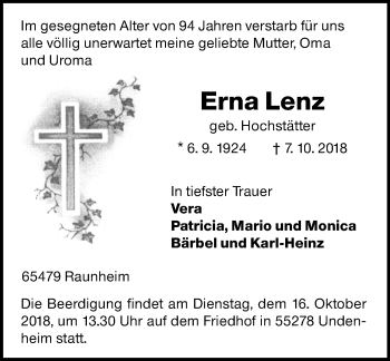 Traueranzeige von Erna Lenz von vrm-trauer