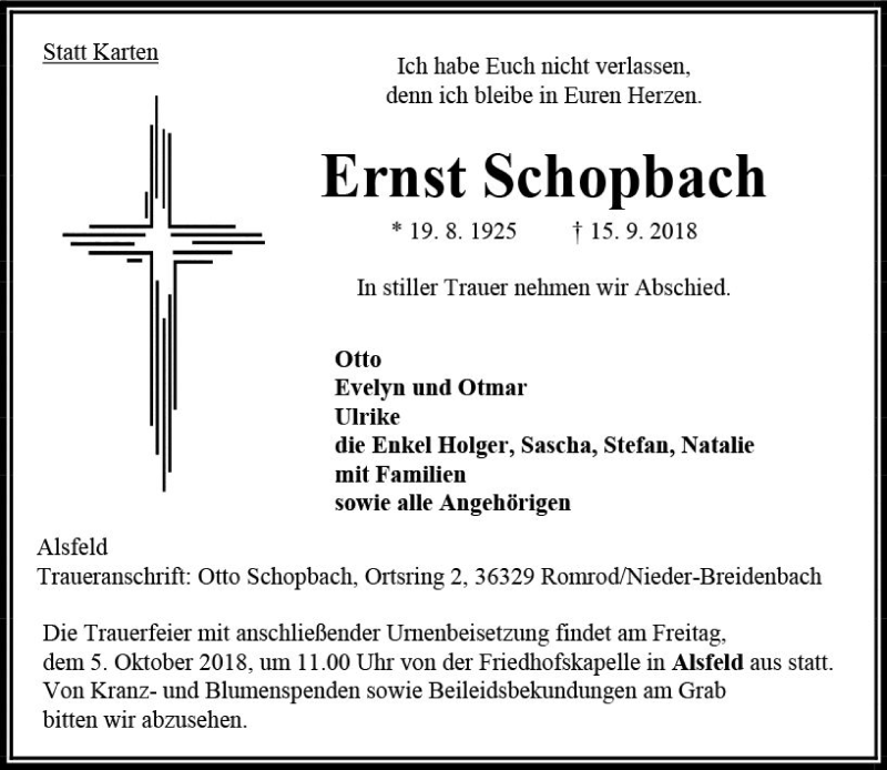  Traueranzeige für Ernst Schopbach vom 02.10.2018 aus VRM Trauer