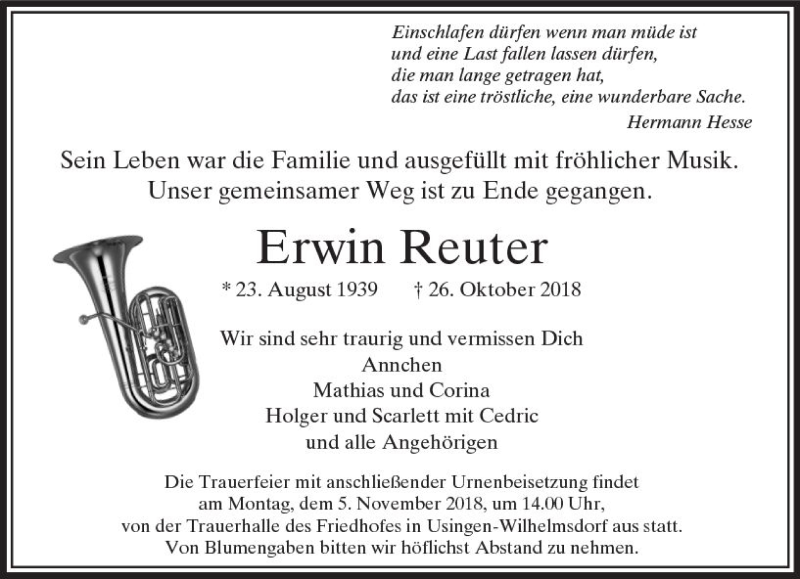  Traueranzeige für Erwin Reuter vom 31.10.2018 aus  Usinger Anzeiger