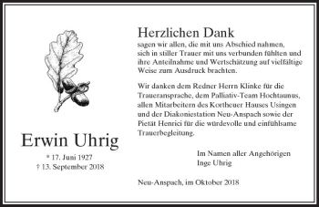 Traueranzeige von Erwin Uhrig von  Usinger Anzeiger