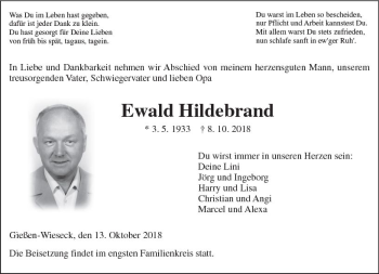 Traueranzeige von Ewald Hildebrand von  Gießener Anzeiger