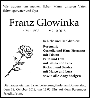 Traueranzeige von Franz Glowinka von vrm-trauer